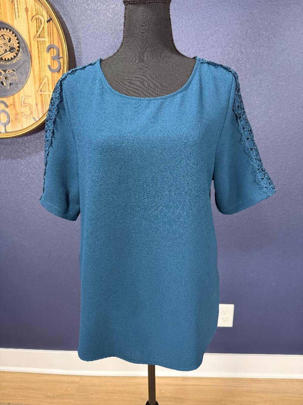 Everly Teal Crochet Lace Trim Short Sleeve Blouse | L